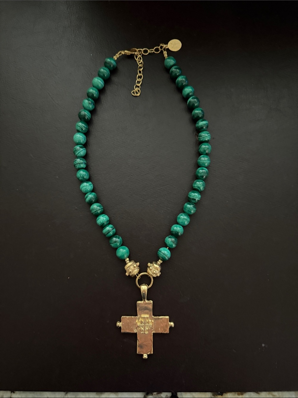 Susan Shaw Magellan Cross Necklace, Featuring Genuine Green Malachite Beads.